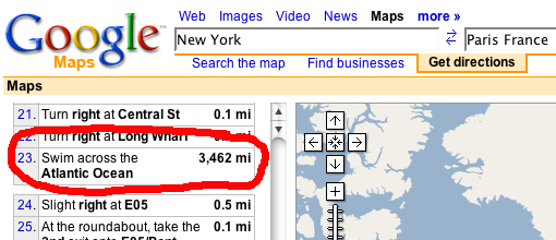 From New York to Paris on Google Maps. Step 23 is: Swim across the Atlantic Ocean.