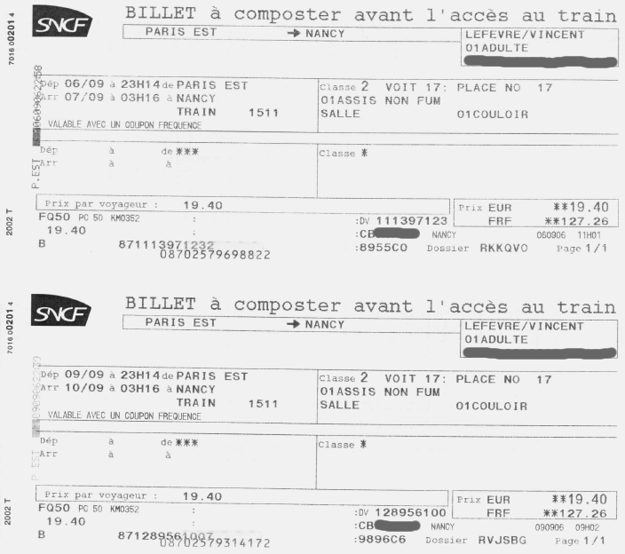 Deux billets de train: deux fois voiture 17, place 17 (à quelques jours d'intervalle).